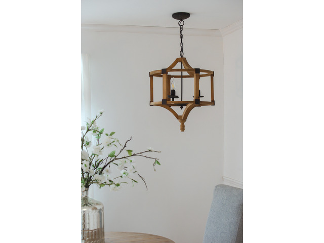 3 - Light Wood Drum Chandelier, Hanging Light Fixture with Adjustable Chain for Kitchen Dining Room Foyer Entryway, Bulb Not included