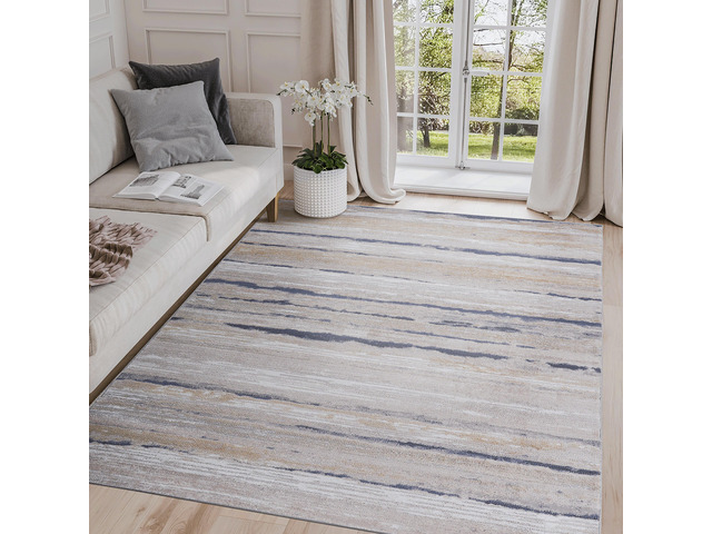 Collection 8X10 Ivory/Blue /Striped Non-Shedding Living Room Bedroom Dining Home Office Stylish and Stain Resistant Area Rug