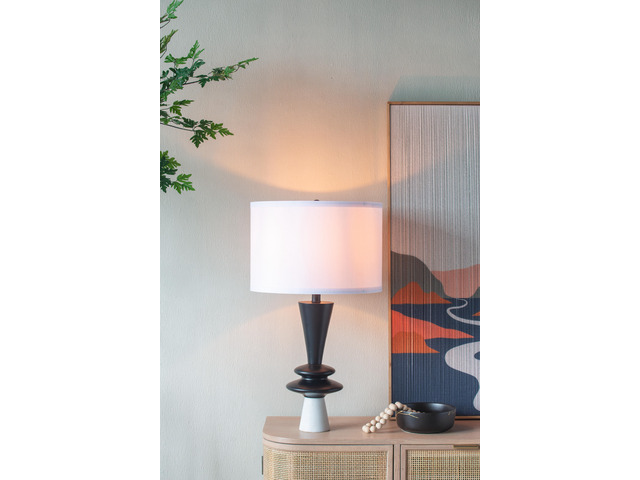 D15x26.7' Black Aluminum Table Lamp with Two Varying Disc Accents and White Shade(Lamp Shade Assembly Required)