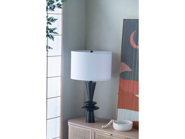 D15x26.7' Black Aluminum Table Lamp with Two Varying Round Accents and White Drum Shade(Lamp Shade Assembly Required)