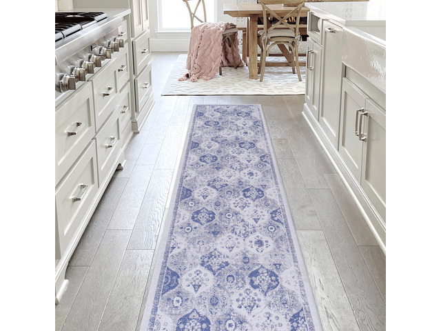 2'6''x10' Blue Runner, Washable Rug, Low-Pile, Non-Slip, Non-Shedding, Foldable, Kid & Pet Friendly - Area Rugs for living room, bedroom, kitchen,...