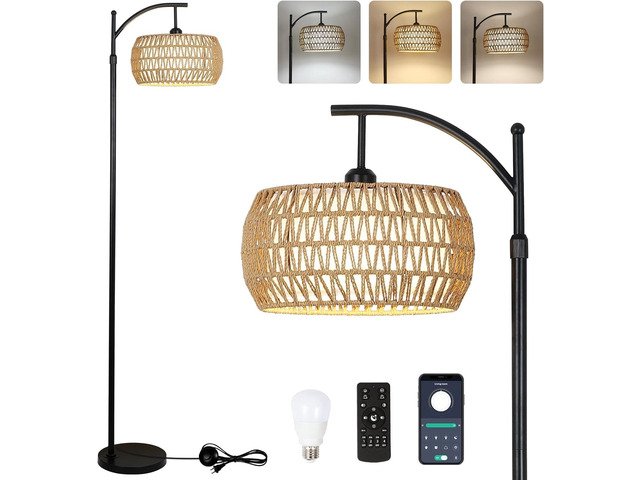 Arc Floor Lamp with Remote Control, Dimmable Led Floor Lamp with 3 Color Temperature, Black Standing Lamp with Rattan & Fabric Double Drum Shade,...