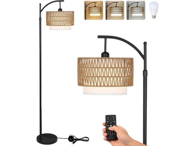 Arc Floor Lamp for Living Room with 3 Color Temperatures, Farmhouse Floor Lamps with Remote & Dimmable Bulb, Boho Standing Lamp with Rattan &...