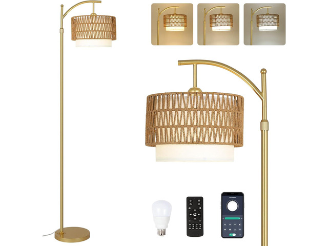 Gold Floor Lamps for Living Room with Remote & Dimmable Led Bulb, Modern Arc Floor Lamp with 3 Color Temperatures, Boho Standing Lamp with Rattan &...