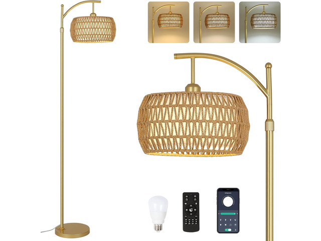 Arc Floor Lamp with 3 Color Temperatures, Led Gold Floor Lamp with Remote & Stepless Dimmable Bulb, Boho Standing Lamp with Rattan & Fabric Shades,...