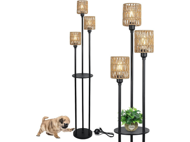 Boho Floor Lamp with Shelves, 3-Lights Farmhouse Tall Floor Lamp with on/Off Foot Switch, Rustic Standing Lamp with Rattan Shades for Living Room...