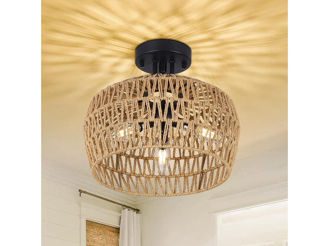 Semi Flush Mount Ceiling Light, Rattan Light Fixture Ceiling Mount with Handmade Wicker Lampshade, 3-Lights Boho Chandelier, Woven Close to Ceiling...