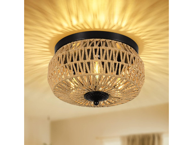 3-Lights Woven Rattan Flush Mount Ceiling Light Fixture with Hand-Worked Cage Shade for Bedroom, Kitchen, Foyer, Porch