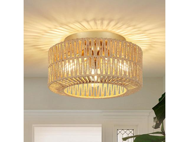 Boho Light Fixtures Ceiling Mount, 3-Light Farmhouse Rattan Ceiling Light Fixture, Flush Mount Ceiling Light with Hand-Woven Shade, Modern...