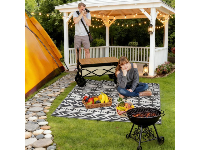 Geometric Style Reversible Outdoor Rug, Waterproof Plastic Straw with Carry Bag