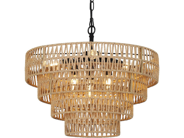 Boho Rattan Chandelier, 6-Light Dining Room Light Fixture, Wicker Pendant Lighting with 4-Tier Woven Lampshade, Large Farmhouse Chandeliers for...