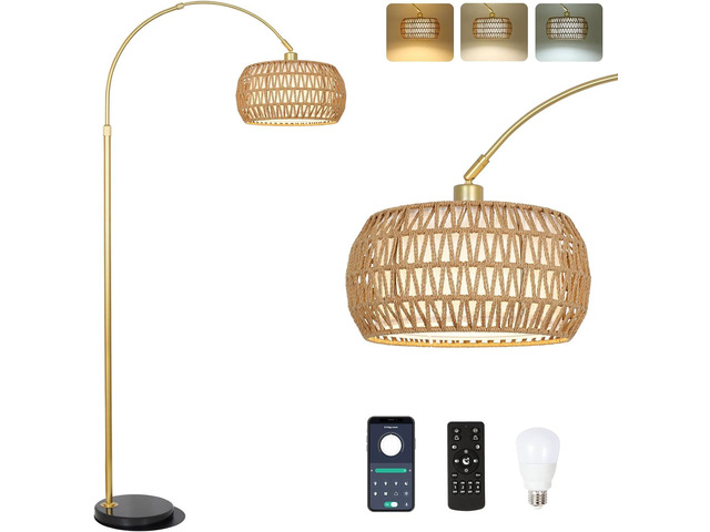 Gold Floor Lamps for Living Room, Arc Floor Lamp with Remote & Dimmable Bulb, Boho Rattan Standing Lamp with 3 Color Temperatures, Height...