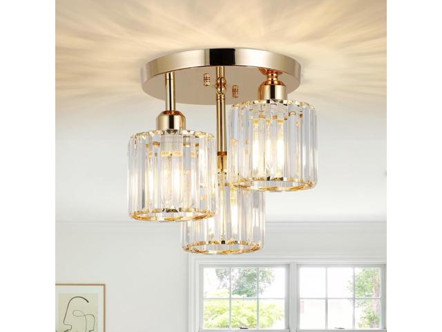 Modern Semi Flush Mount Ceiling Light,3-Light Crystal Close to Ceiling Light Fixtures,Golden Kitchen Light Fixtures with Clear Crystal...