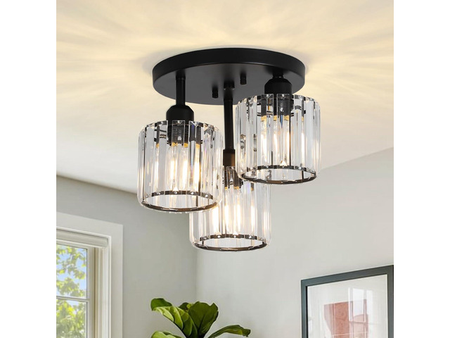Crystal Semi Flush Mount Ceiling Light,3-Light Modern Close to Ceiling Light Fixtures,Black Kitchen Light Fixtures with Clear Crystal Shade,Hallway...