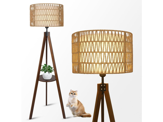 Boho Tripod Floor Lamp with Shelves, Mid Century Wood Standing Lamp with Rattan & Fabric Shades, on/Off Foot Switch, Modern Farmhouse Tall Floor...