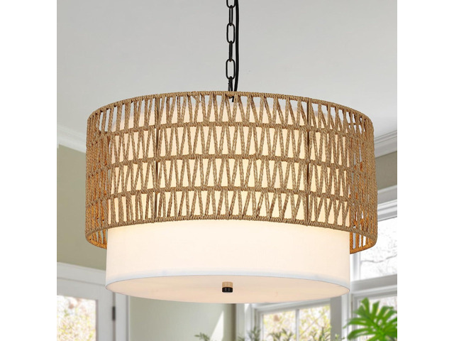 Farmhouse Chandeliers for Dining Room,5-Light Rattan Boho Chandelier Light Fixture with Fabric Shade,Hand Woven Large Rattan Dining Room Light...