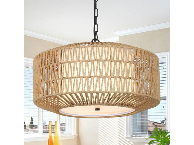 Farmhouse Chandelier Light Fixture,4-Light Rattan Boho Chandeliers for Dining Room with Fabric Shade,Hand Woven Large Rattan Dining Room Light...