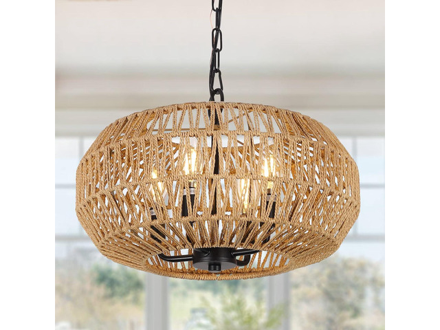 Farmhouse Rattan Pendant Lights, 15.7' 4-Light Boho Chandelier Light Fixture, Wicker Hand Woven Basket Pendant Hanging for Dining Room Living Room...