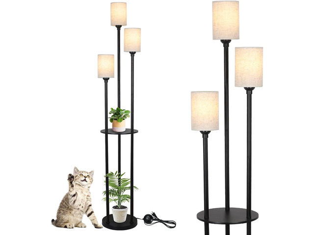 Floor Lamp with Shelves, Modern Floor Lamps for Living Room, 3-Lights Standing Lamp with Linen Shade and Foot Switch, industrial Standing Lamps for...