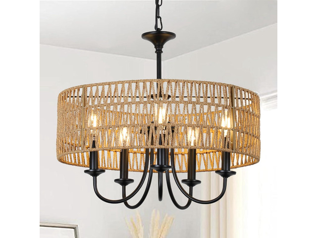 Modern Farmhouse Chandelier Light Fixtures, 5-Lights Large Rattan Pendant Lighting with Hand Woven Wicker Shade, Boho Black Chandeliers for Dining...