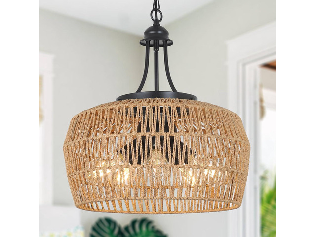 Large Farmhouse Chandeliers for Dining Room, 5-Light Rattan Boho Chandelier Light Fixture with Wicker Lampshade, Coastal Hanging Pendant Lighting...