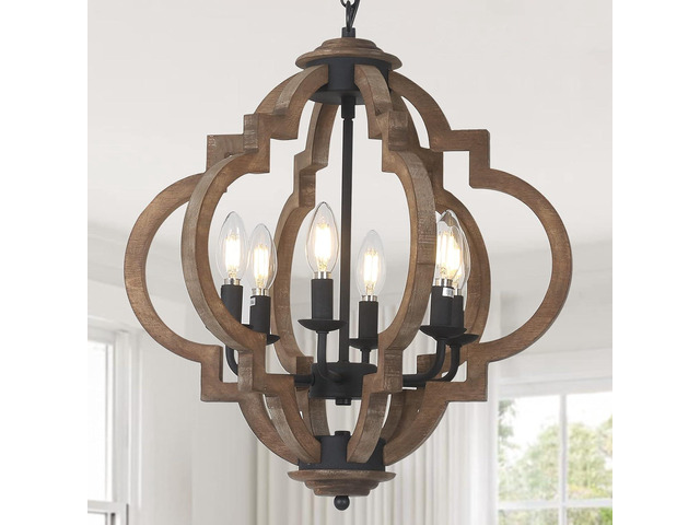 Farmhouse Chandeliers for Dining Room, 6-Light Rustic Dining Room Light Fixture Over Table, Wood Black Hanging Pendant Lights Kitchen Island, Boho...