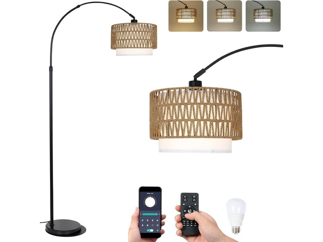 Arc Floor Lamp with Remote, Modern Led Floor Lamp with Dimmable Bulb, Boho Farmhouse Standing Lamp with Fabric & Rattan Lampshades, Height...