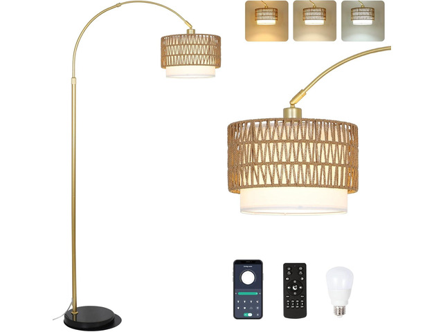 Arc Floor Lamp for Bedroom with Rattan & Linen Shades, Gold Floor Lamp with Remote & Dimming Bulb, Rustic Standing Lamp with 3 Color Temperatures,...