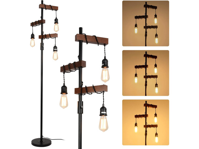 Dimmable industrial Floor Lamp, Farmhouse Tree Floor Lamp, 68 inch 3 Lights Wood Standing Lamp, Sturdy Base Tall Vintage Pole Light, Metal Black...