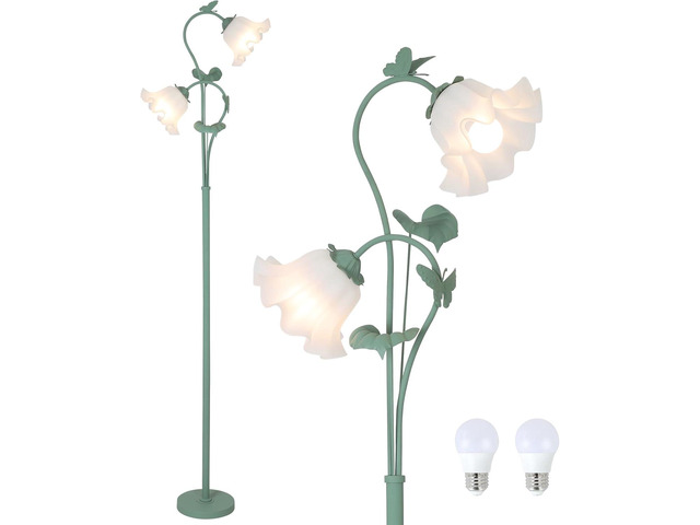 Flower Floor Lamp for Living Room, Vintage Floor Lamp with 2 Led 5W Blubs, Foot Switch, Green Standing Lamp with Acrylic Shade, Unique Floral Tall...