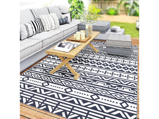 Outdoor Patio Rug, Large Camping Carpet with Carrying Bag, 6' x 9' Waterproof Plastic Straw, Reversible, Blue & White Geometric