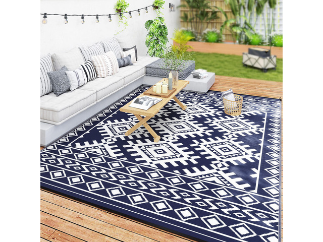 Outdoor Patio Rug, Large Camping Carpet with Carrying Bag, 9' x 12' Waterproof Plastic Straw, Reversible, Blue & White Rhombus Border
