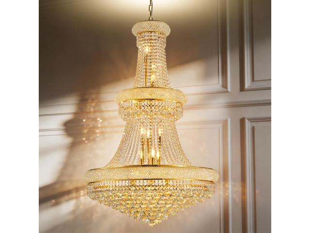 32-inch Gold Crystal Chandelier, 27-Light French Empire Ceiling Light with Led Bulbs, Adjustable 59-inch Chain, 3000K Warm Light, Ideal for Living...