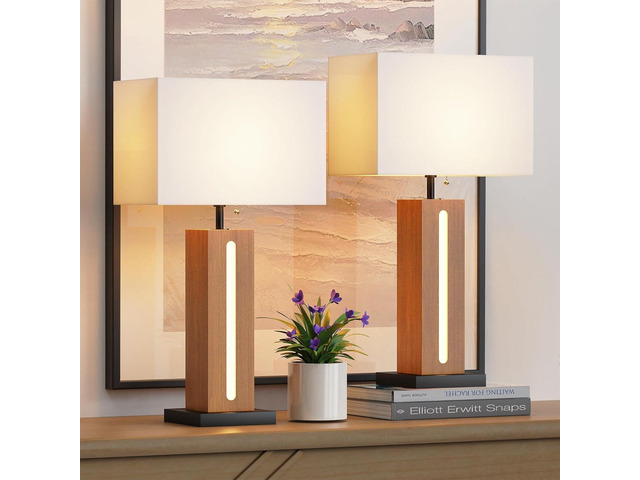 Table Lamps Set Of 2, Modern Dimmable Bedside Lamp with Led Nightlight, Rustic Farmhouse Square Wood Grain Nightstand Lamps with Linen Shades for...