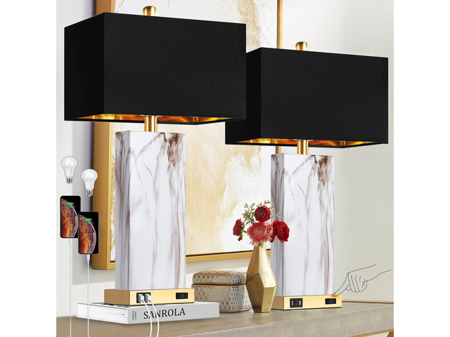 touch Control Table Lamps Set Of 2, Modern Contemporary Bedside Lamp with 2 Usb Ports 1 Ac Outlet, 3-Way Dimmable Nightstand Lamp Faux Marble Gold...
