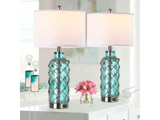 Cottage Nautical Accent Table Lamp Set Of 2, touch Control Coastal Blue Green Glass Rope Net Bedside Lamp with 2 Usb Ports, 3-Way Dimmable...
