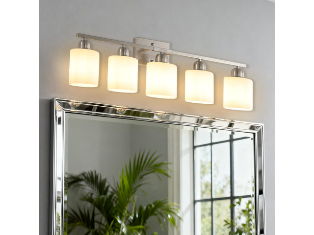 Modern 5-Light Bathroom Fixture with Nickel Finish and Milky White Glass Shade, Wall Sconces Lighting for Bathrooms, Bedrooms and Hallways (No Bulbs)