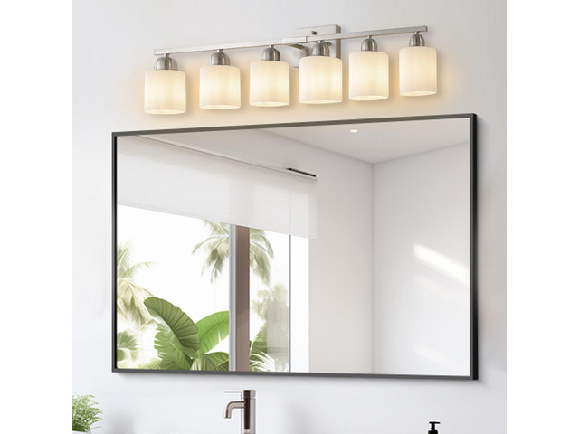 Modern 6-Light Bathroom Fixture with Nickel Finish and Milky White Glass Shade, Wall Sconces Lighting for Bathrooms, Bedrooms and Hallways (No Bulbs)