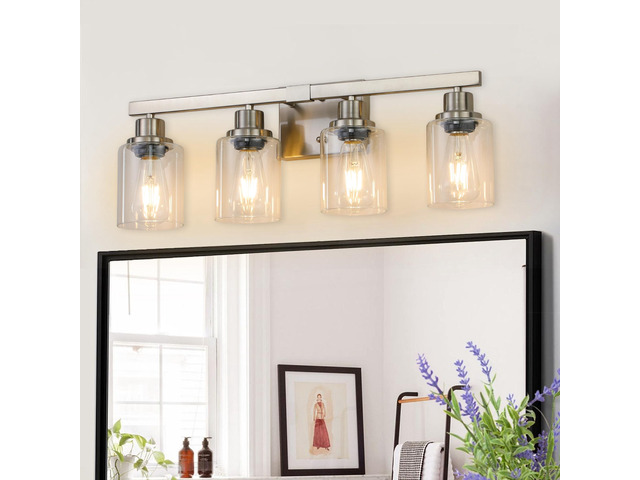 Modern 4-Light Bathroom Vanity Light Fixture - Brushed Nickel Finish with Clear Glass Shades, Light Fixture Bathroom Over Mirror Wall Lights for...