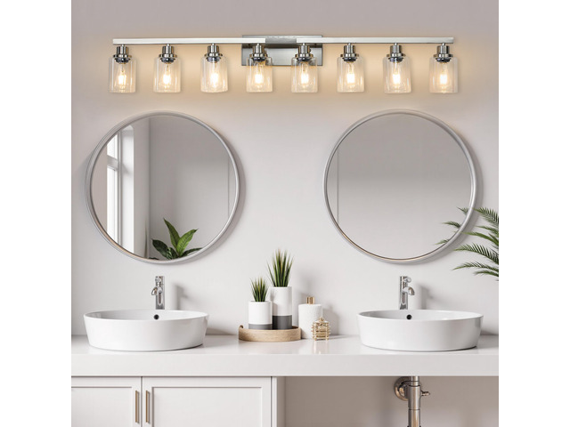 Modern 8-Light Bathroom Vanity Light Fixture - Brushed Nickel Finish with Clear Glass Shades, Light Fixture Bathroom Over Mirror Wall Lights for...