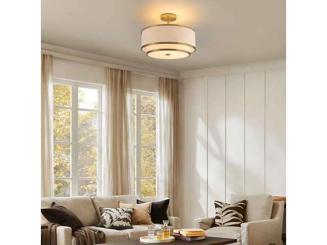 15' Modern Ceiling Light,Fabric Shade and Gold Trim, Flush-Mount Fixture for Living Room, Bedroom Or Dining Room, Stylish Energy-Saving Design,...