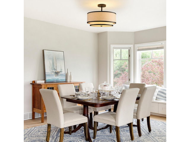 15' Modern Ceiling Light,Fabric Shade and Black Trim, Flush-Mount Fixture for Living Room, Bedroom Or Dining Room, Stylish Energy-Saving Design,...