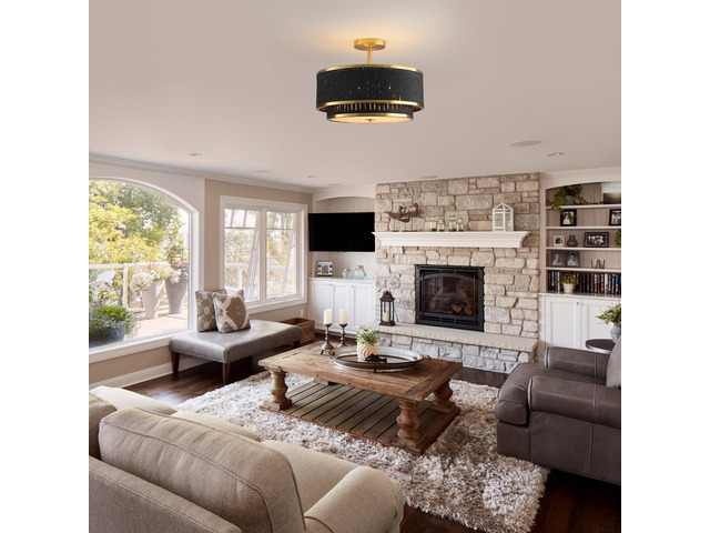 15' Modern Ceiling Light,Black Openwork Fabric Shade and Gold Trim, Flush-Mount Fixture for Living Room, Bedroom Or Dining Room, Stylish...