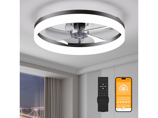 19.7'' Led Ceiling Fan Light with Remote & App Control, 6 Speeds, Dimmable, 3000K-6500K, Flush Mount Black Fandelier for Bedroom