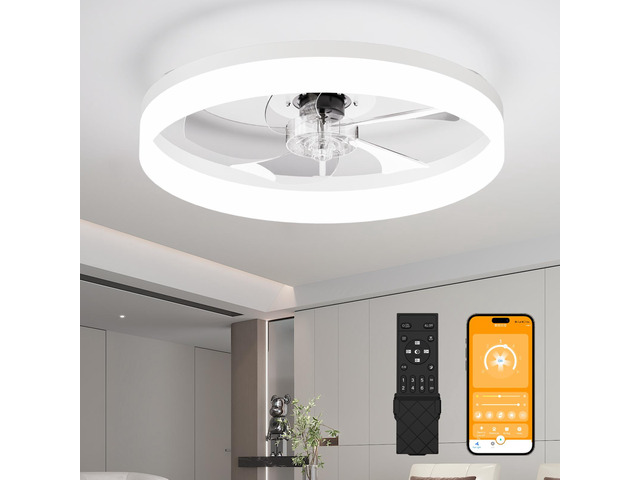 19.7'' Led Ceiling Fan Light with Remote & App Control, 6 Speeds, Dimmable, 3000K-6500K, Flush Mount White Fandelier for Bedroom