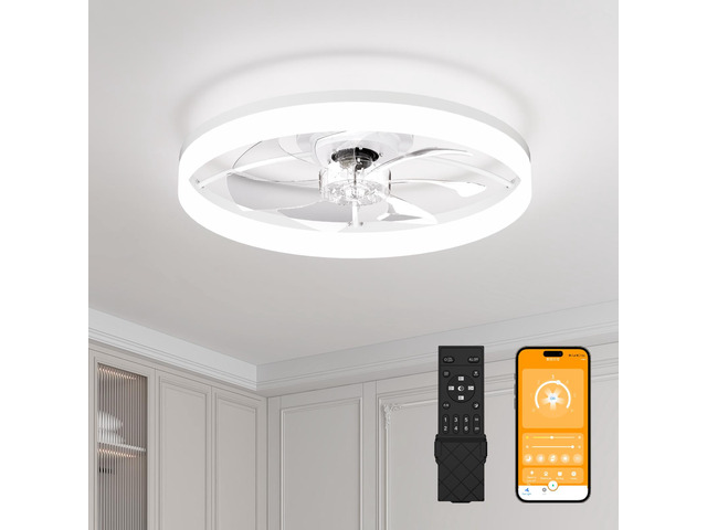 Ultra-Thin White Ceiling Fan Light with Remote & App Control 23.6'' Modern Flush Mount Fan Lamp, 6 Fan Speeds, Dimmable Brightness, 3000K-6500K...