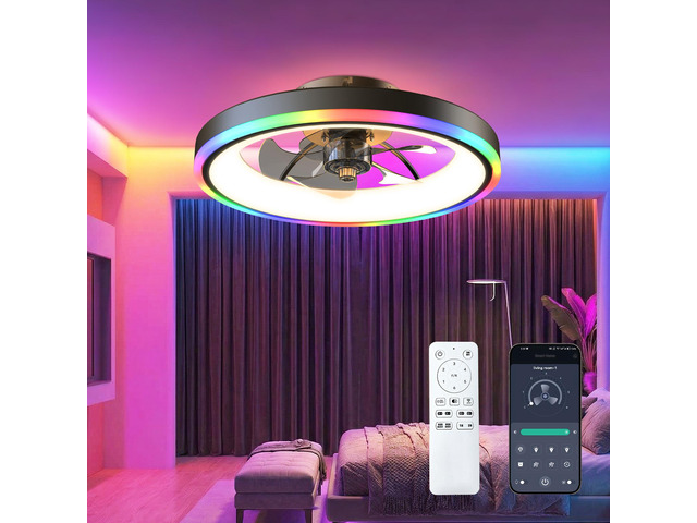 19.7' Modern Rgb Ceiling Fan with Lights, Flush Mount Low Profile Fan with Remote & App, 6-Speed Reversible Silent Dc Motor, Dimmable 3000-6500K...