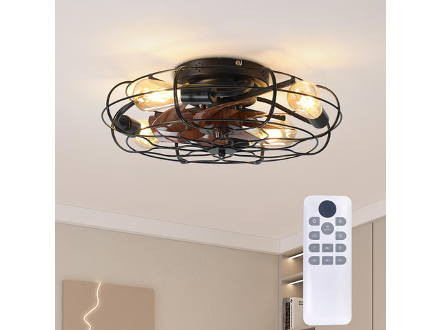 19.7' industrial Caged Ceiling Fan with Light, 6-Speed Reversible Dc Motor, E26 Bulb Base, Remote Control, Timer, Low Noise
