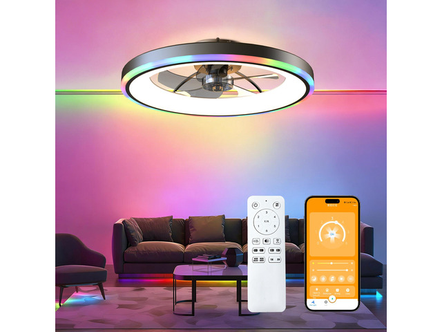 23.6' Modern Rgb Ceiling Fan with Lights, Flush Mount Low Profile Fan with Remote & App, 6-Speed Reversible Silent Dc Motor, Dimmable 3000-6500K...