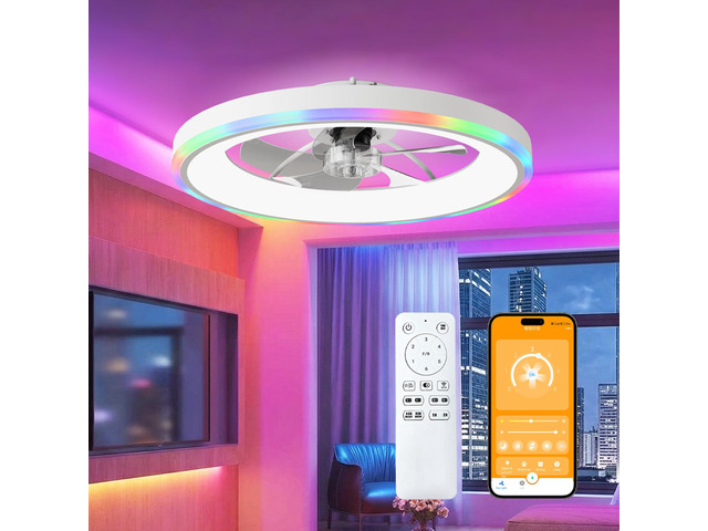 23.6' Modern Rgb Ceiling Fan with Lights, Flush Mount Low Profile Fan with Remote & App, 6-Speed Reversible Silent Dc Motor, Dimmable 3000-6500K...